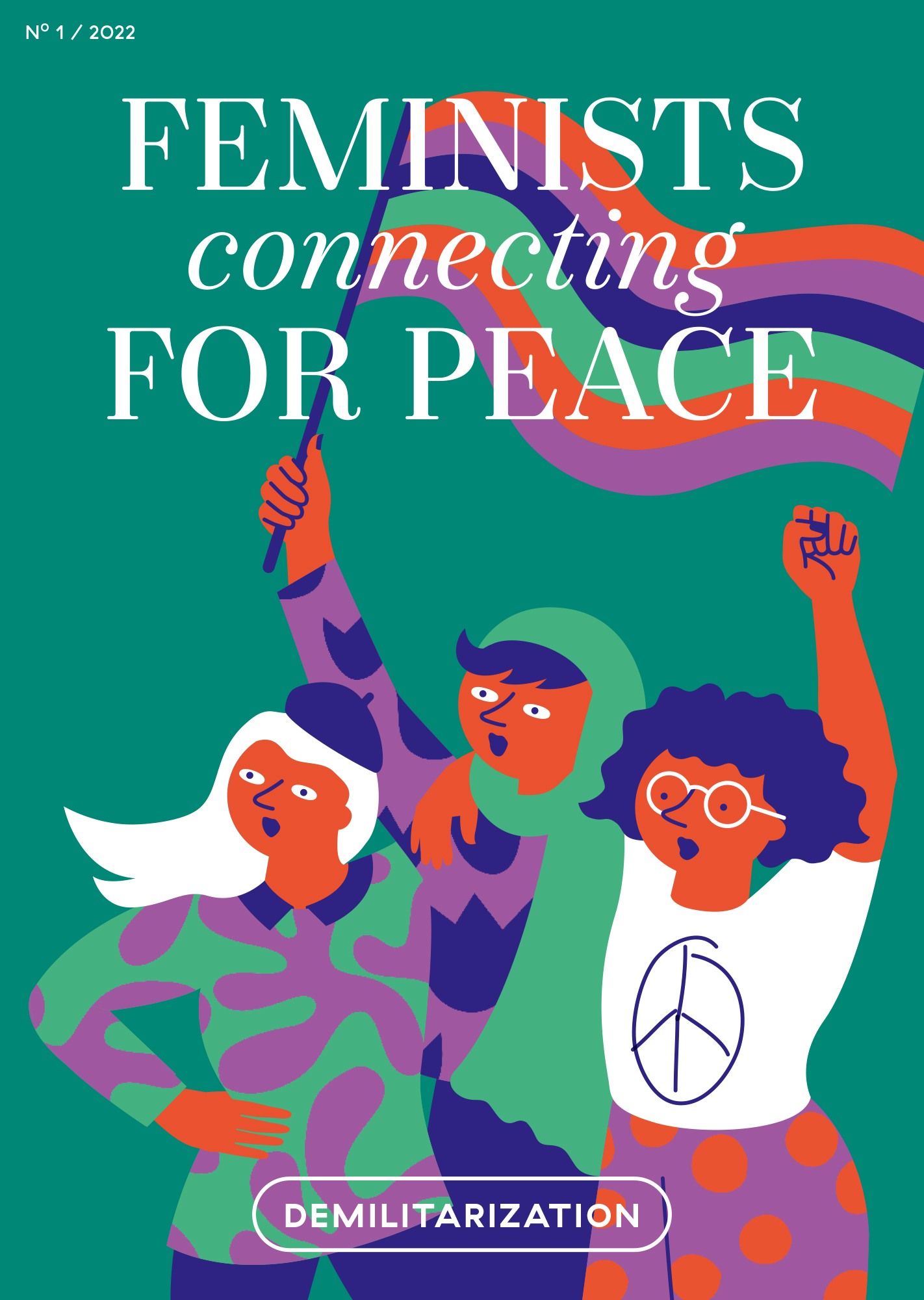 Der Umschlag Publikation Feminists Connecting for Peace zeigt eine Illustartion dreier Frauen mit einer Friedensflagge