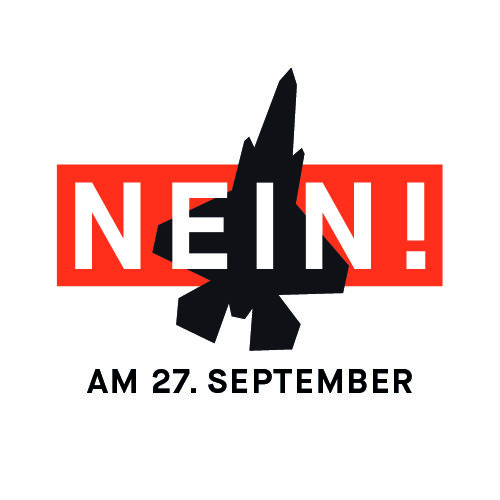 Illustration mit Kampfjet. Darüber ein roter Balken mit der Aufschrift: «NEIN! am 27. September»